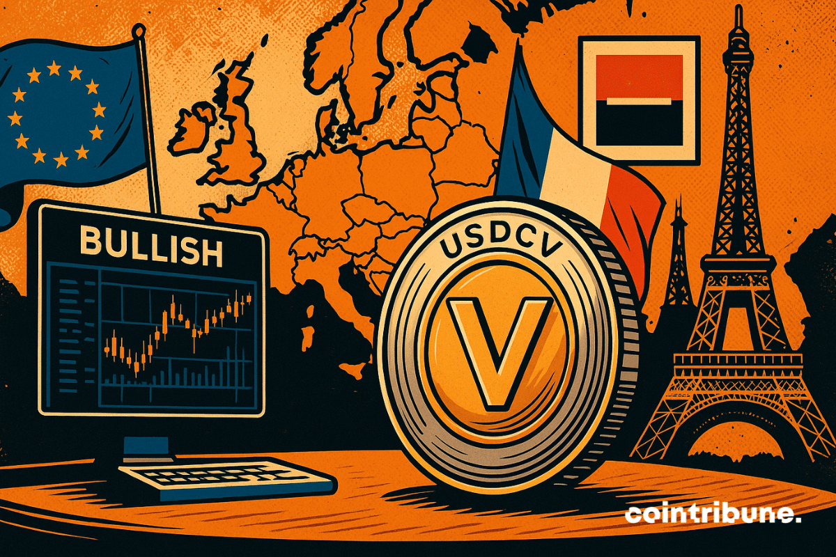 The USDCV stablecoin stands imposingly before European and French symbols, illustrating the union between traditional finance and crypto.