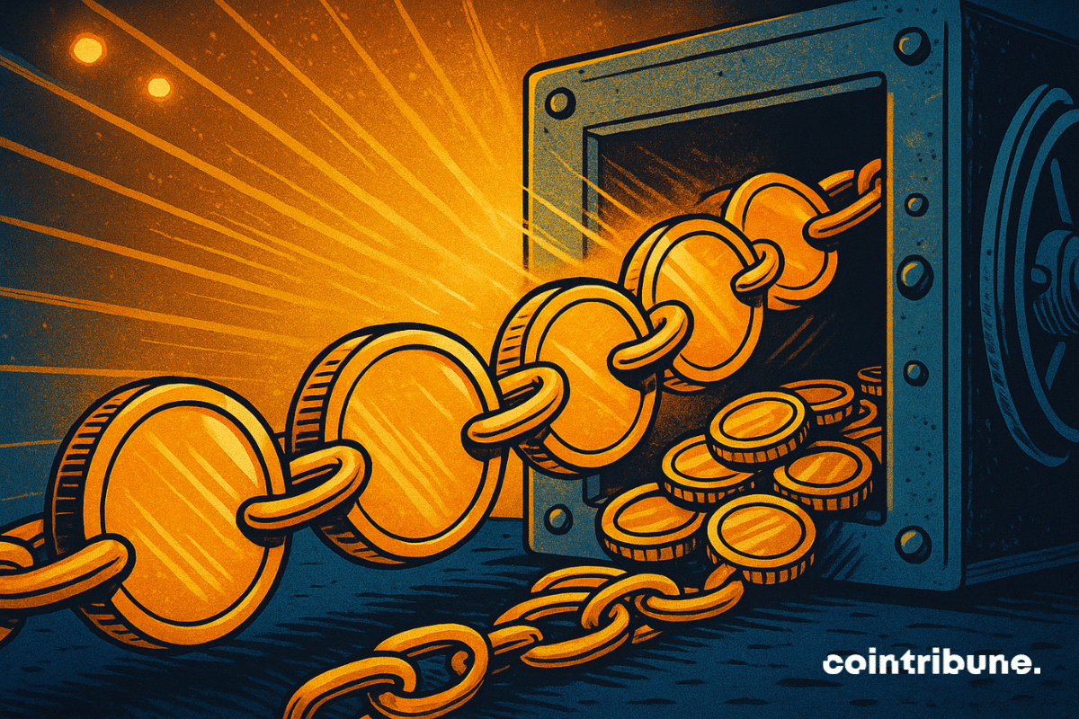 Ilustração de moedas de ouro ligadas numa cadeia blockchain a sair de um cofre seguro, simbolizando a ascensão de ativos de ouro tokenizados como o XAUT da Tether e o PAXG da Paxos.