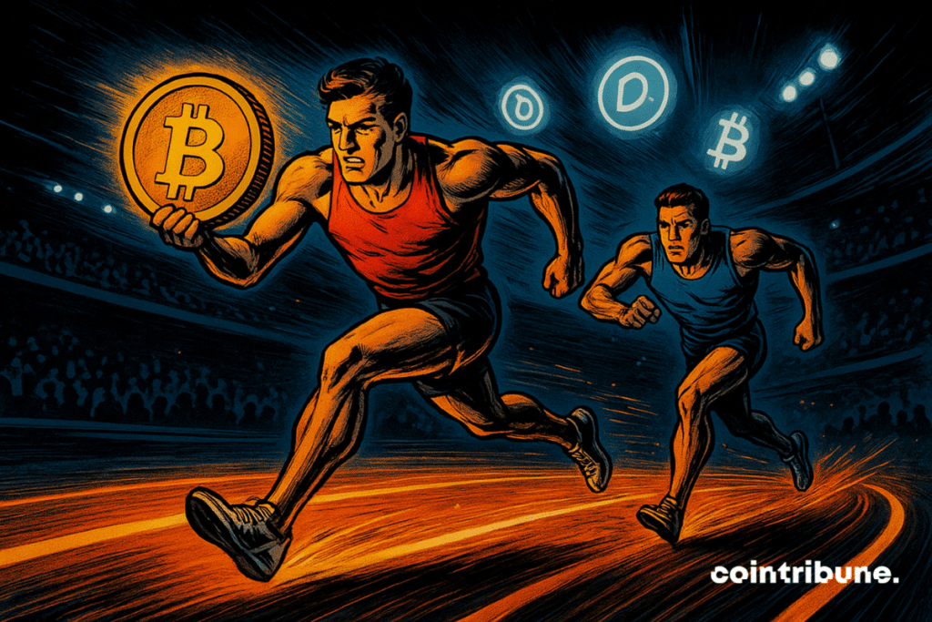 Two comic-style runners race on a glowing crypto track, one leading with a giant Bitcoin coin in hand.