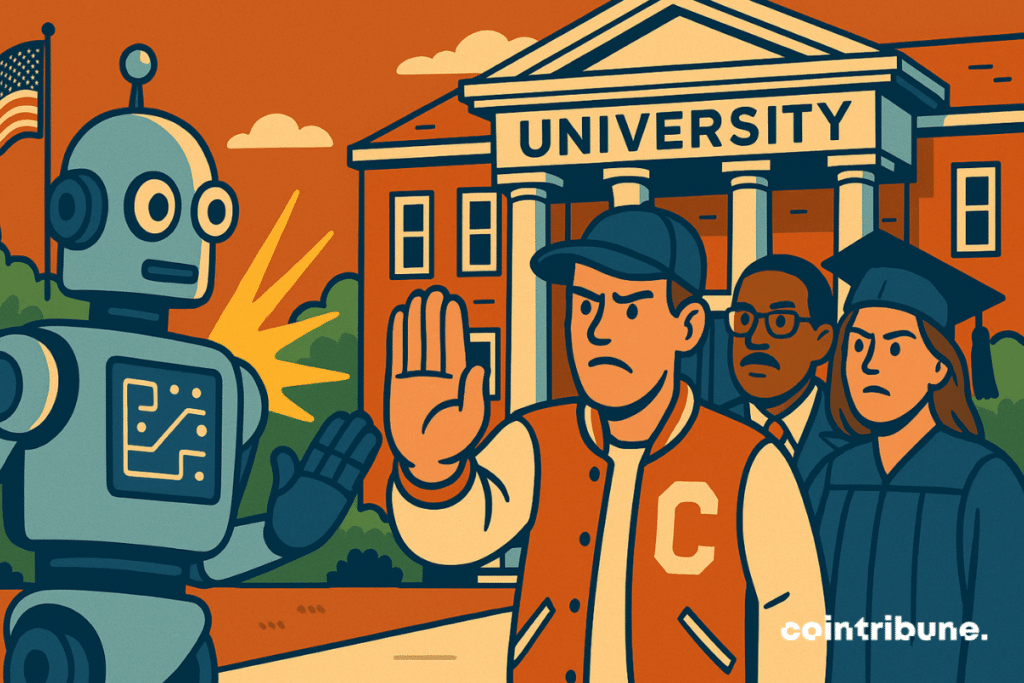 A robot symbolizing AI is stopped by students in front of an American university: mistrust, tension, education, and technology.