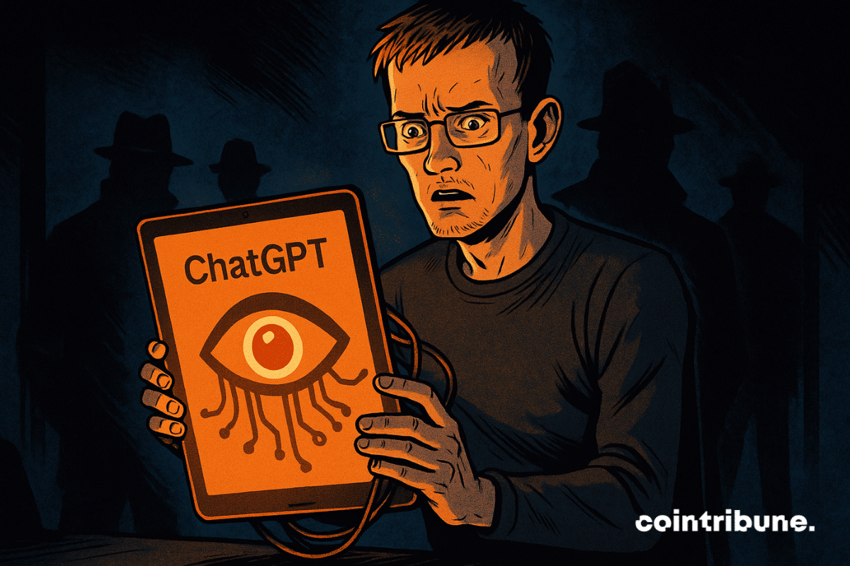 Vitalik Buterin descobre com espanto um tablet de IA exibindo um olho digital ameaçador, sob a vigilância de sombras misteriosas.